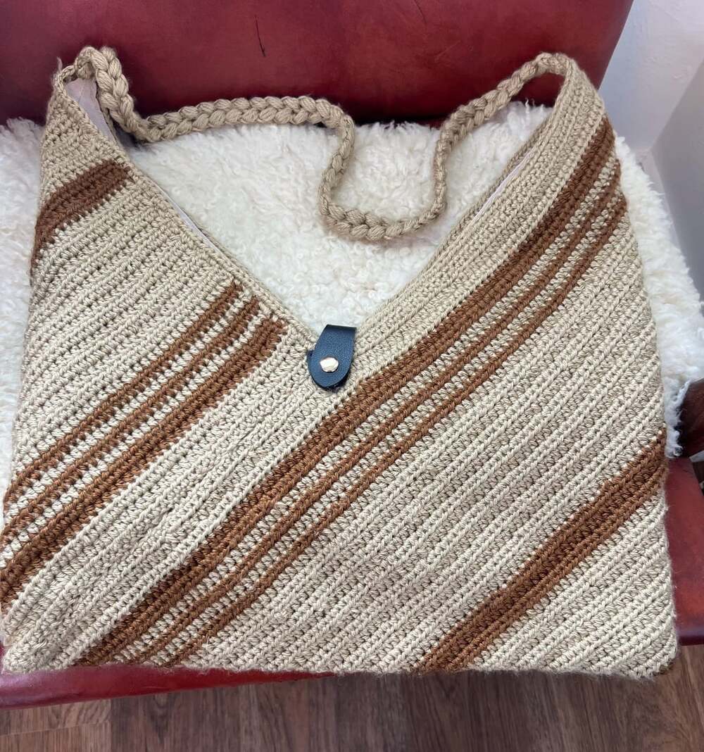Handmade Striped Crochet Tote Bag Braided Strap Boho Artisan Knit Shoulder Bag